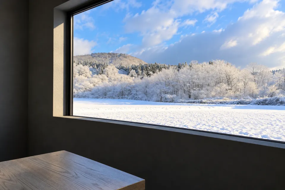 食事と喫茶Jeenyaの雪景色を望む窓辺