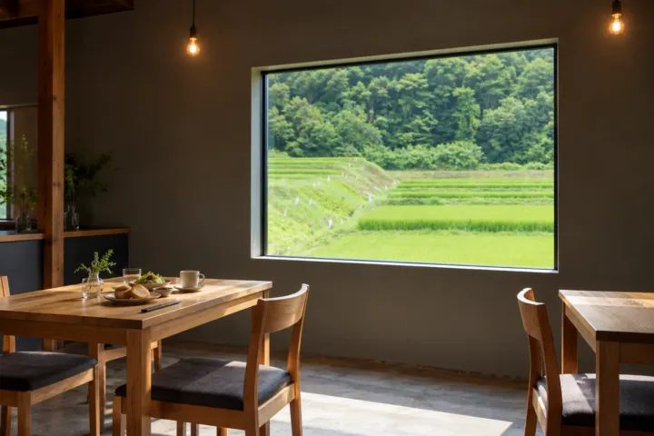食事と喫茶Jeenyaの大きな窓と田園風景を望む店内