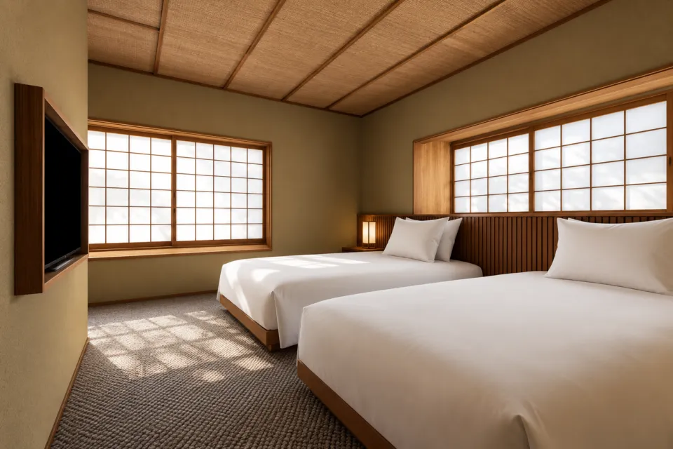 亀の井別荘の7番館のベッドと障子