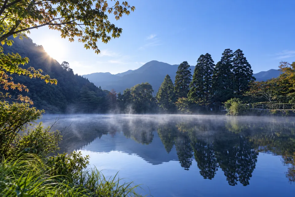亀の井別荘の金鱗湖の水面と朝霧
