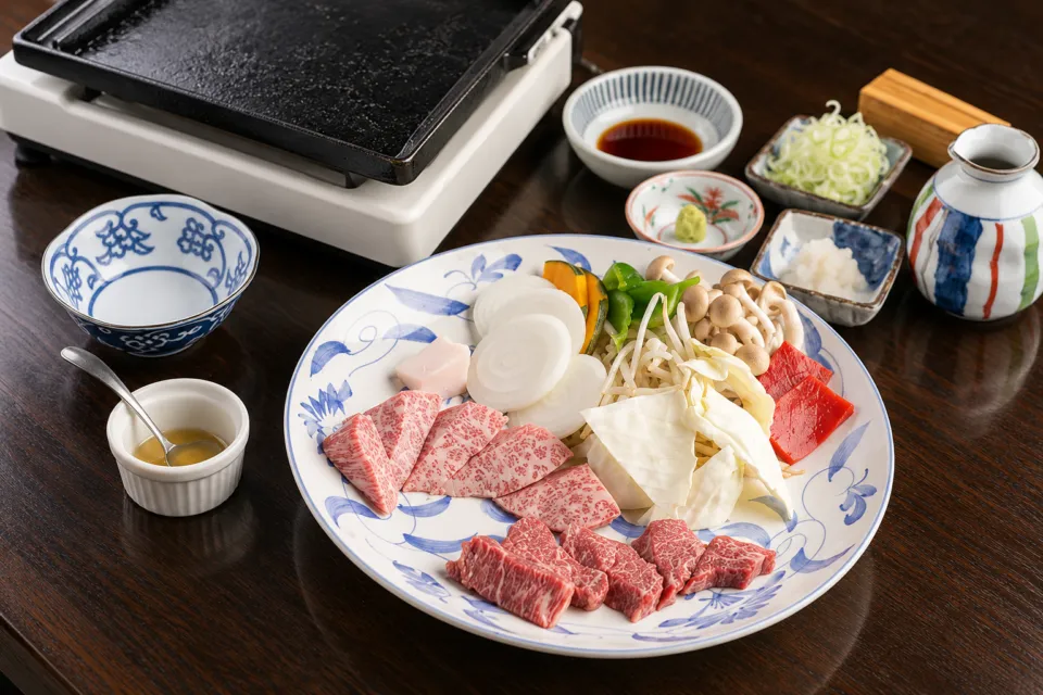 近江牛 かね吉の鉄板と牛肉、野菜が並ぶオイル焼きの食卓