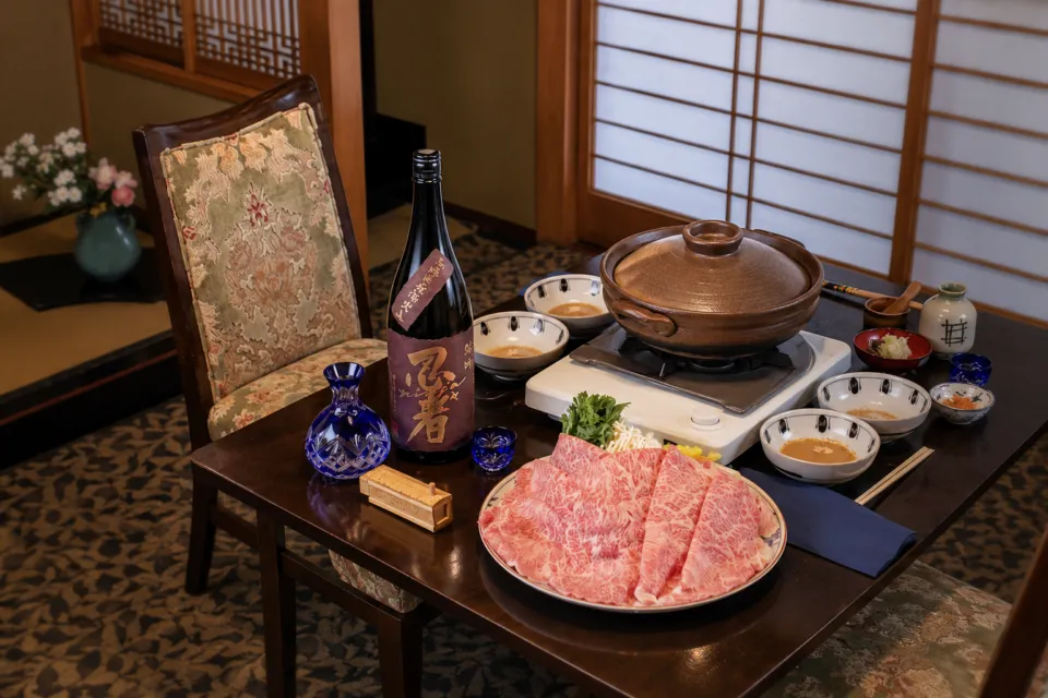 近江牛 かね吉の近江牛と器が配された個室の食卓
