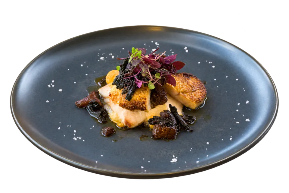 RestaurantCafe&Shop kihacoの濃い色の皿に盛り付けた料理