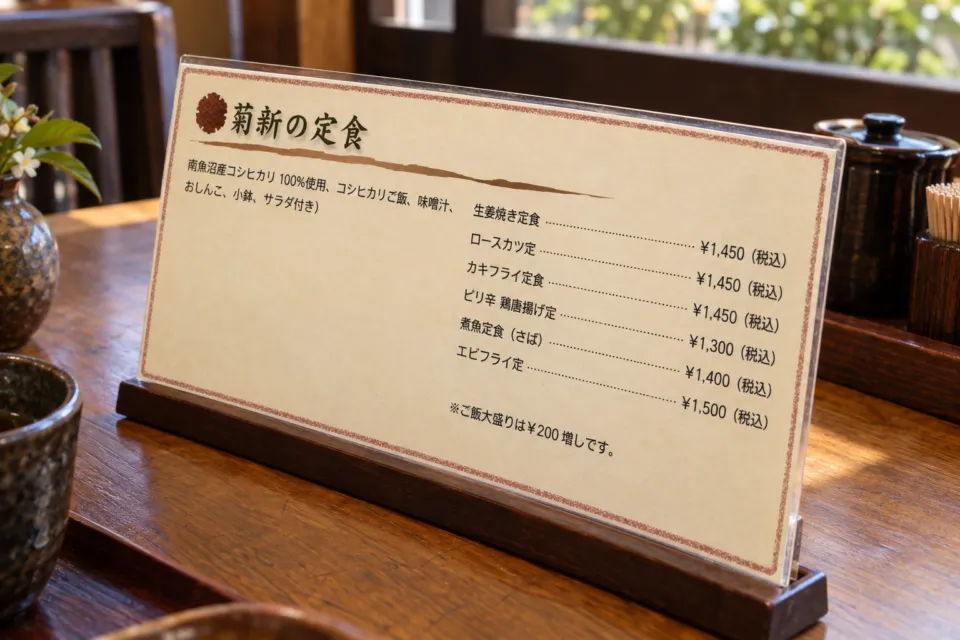 菊新の定食のお品書き