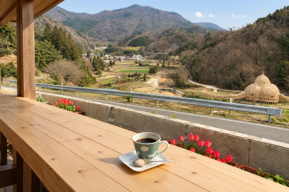 こまめ食堂の棚田を眺めるテラスのコーヒー