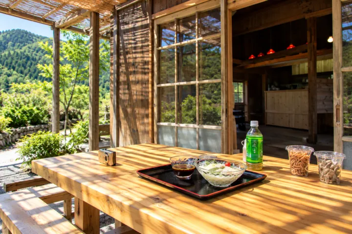 こまめ食堂の食卓と木造の店内