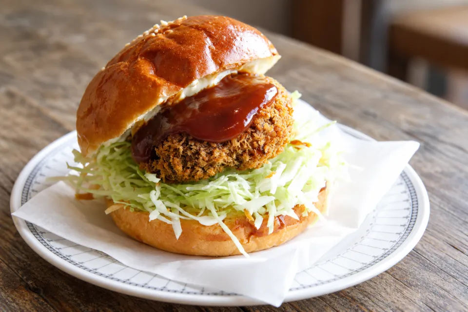 こまめ食堂のオリーブ牛メンチカツバーガー