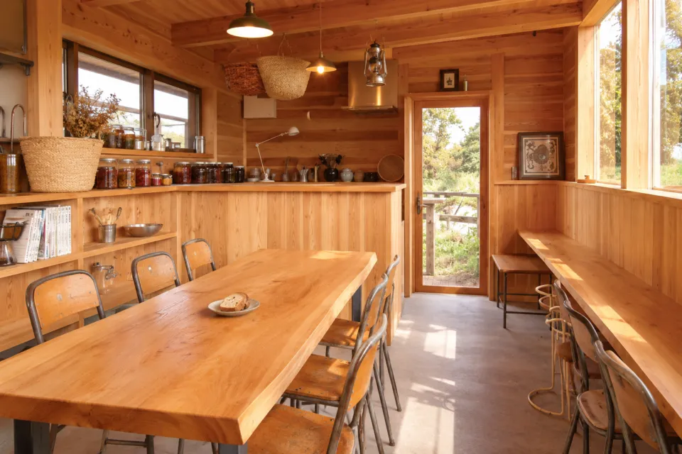 コウボパン 小さじいちの木の壁とテーブル席のカフェ店内
