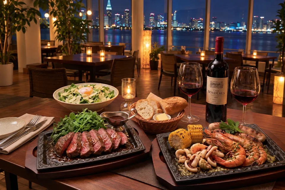 好文cafeの夜景に面した宴会の料理と食卓