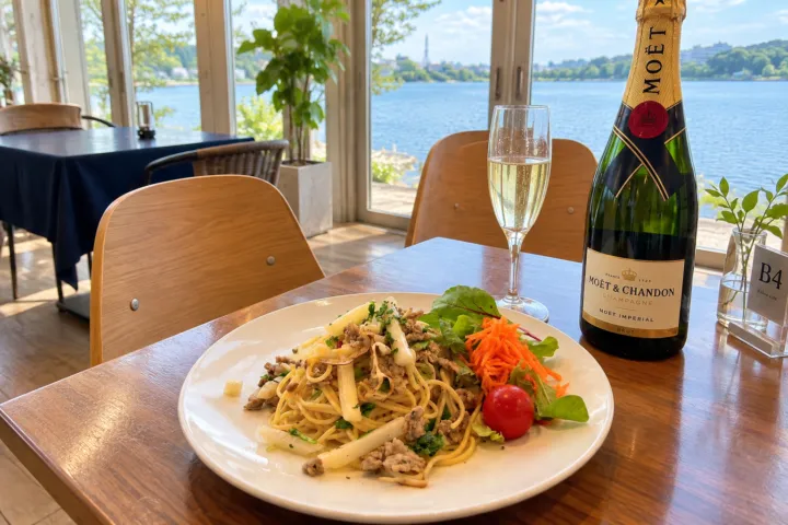 好文cafeの湖に面した窓際のパスタと食卓