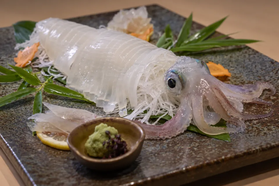 熊本郷土料理 青柳の大根のつまと青葉に盛られたイカの刺身
