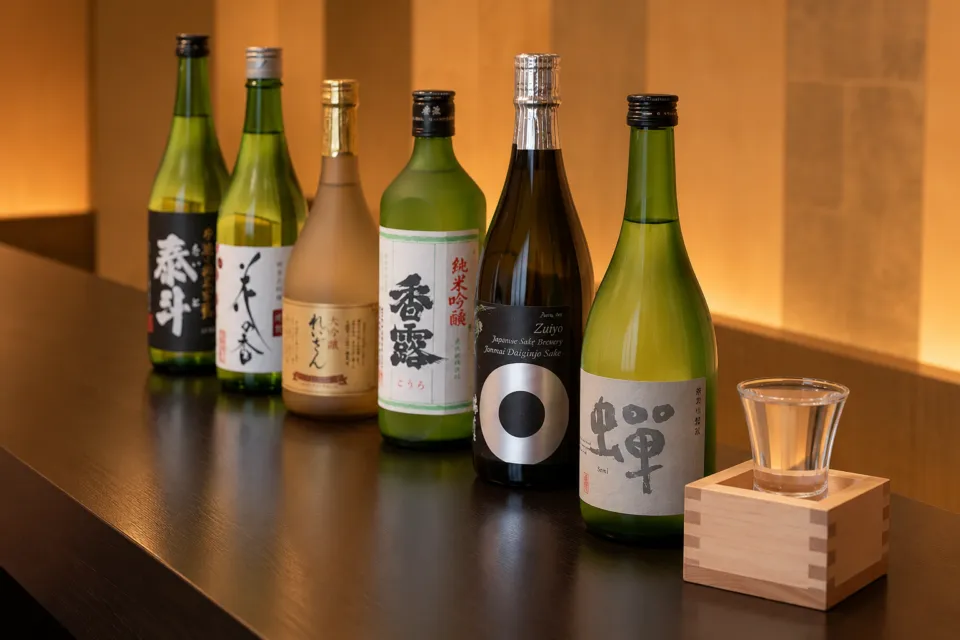 熊本郷土料理 青柳の卓上に並ぶ日本酒の瓶