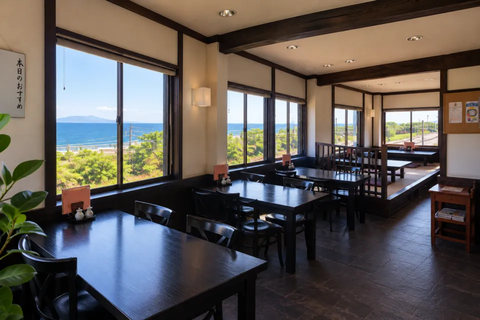 くらさわやの駿河湾に面したテーブル席の店内