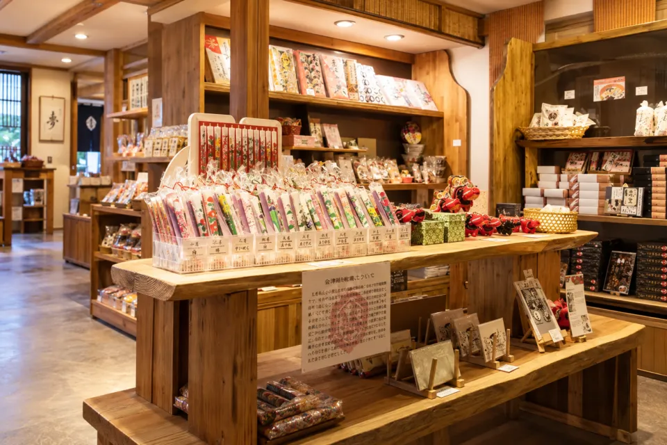くつろぎ宿 新滝の木の棚に土産品が並ぶ売店