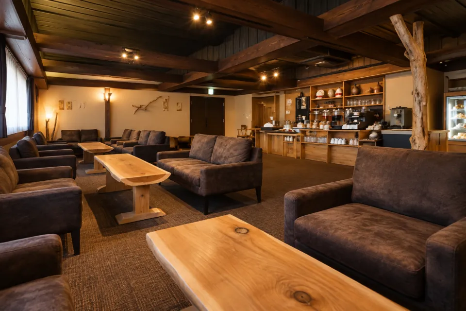 くつろぎ宿 新滝の木の梁とソファのあるライブラリーラウンジ