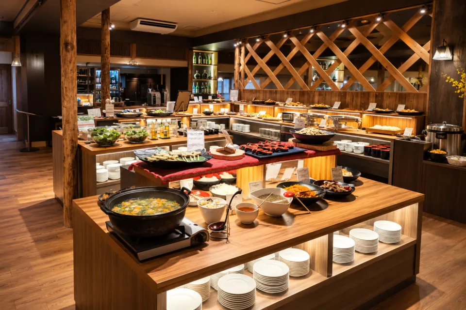 くつろぎ宿 新滝の和食の料理が並ぶ朝食バイキング会場