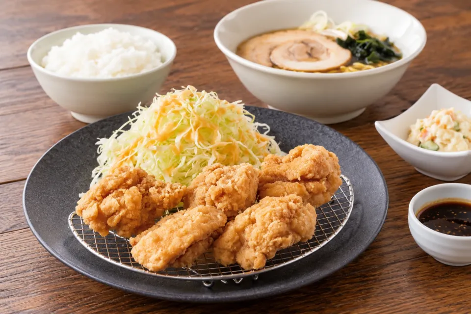 松本からあげセンターのからあげとミニらーめんの定食