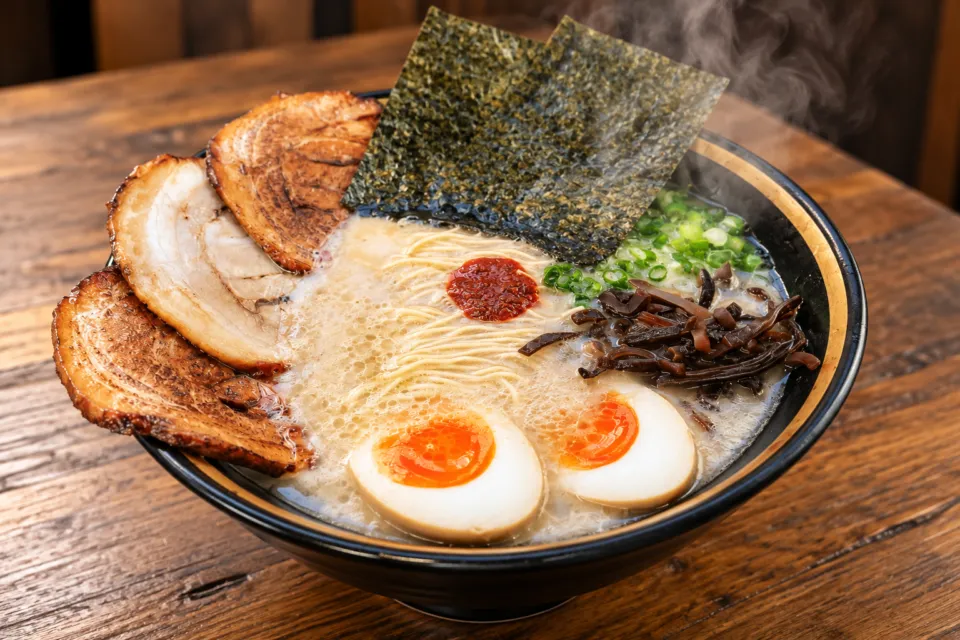 麺屋KAIDOの炙りチャーシューと海苔をのせたラーメン