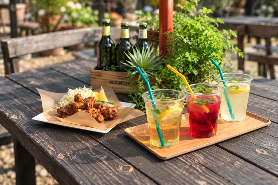 ハンモックカフェ メッツァレイヤのドリンクと鶏肉が並ぶ木のテーブル