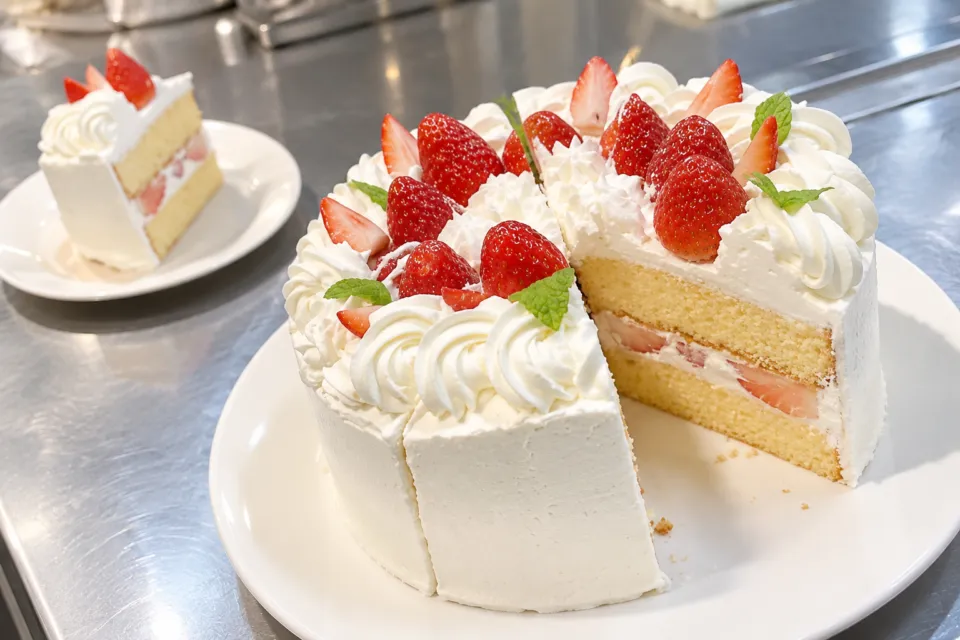 ハンモックカフェ メッツァレイヤのいちごと生クリームを添えたケーキ