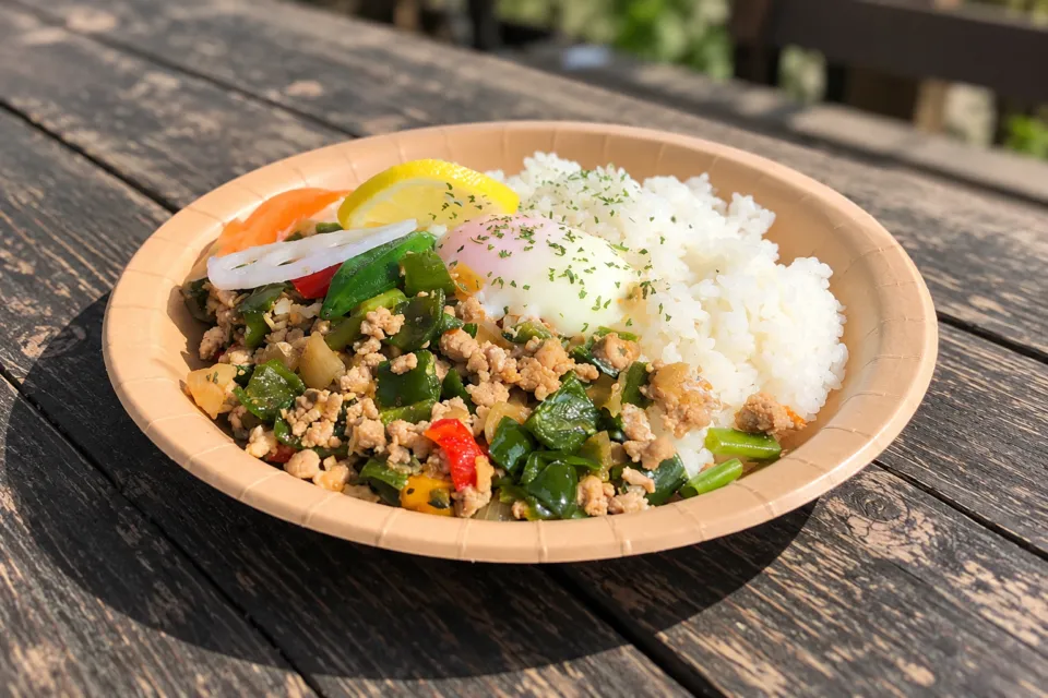 ハンモックカフェ メッツァレイヤの温玉を載せたガパオライス