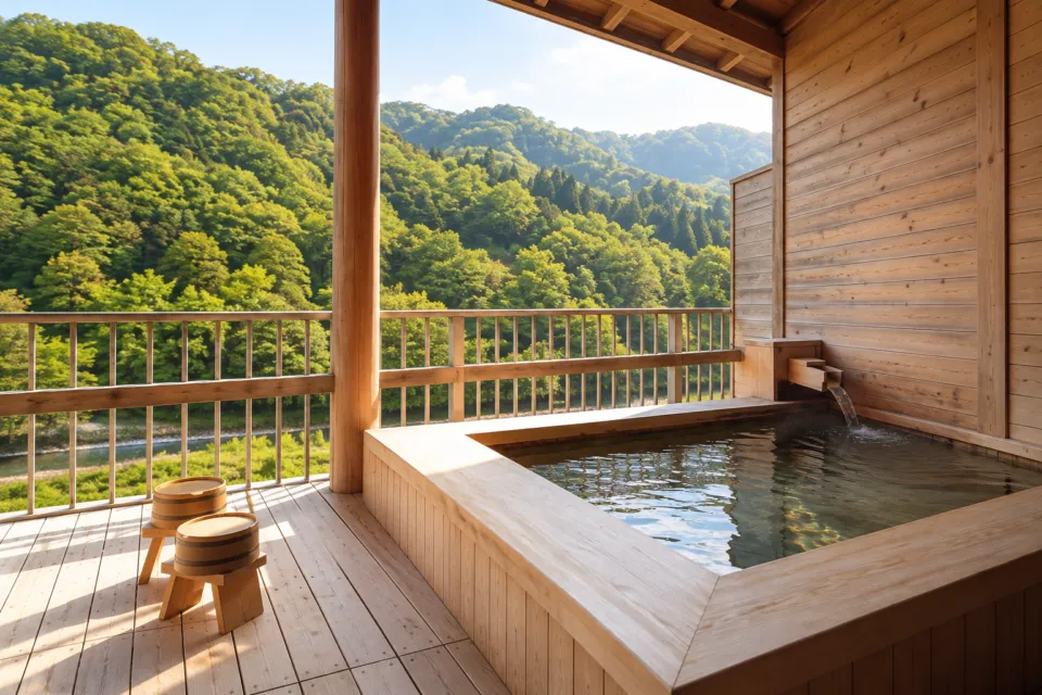 清流荘の山を望む木造りの貸切風呂青い山