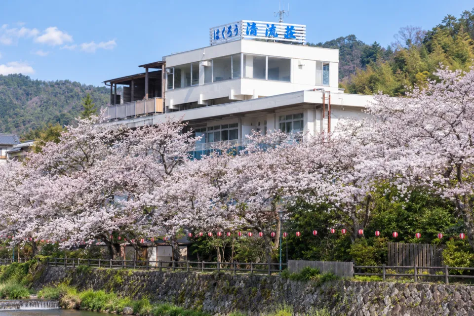 清流荘の川側から見た建物外観