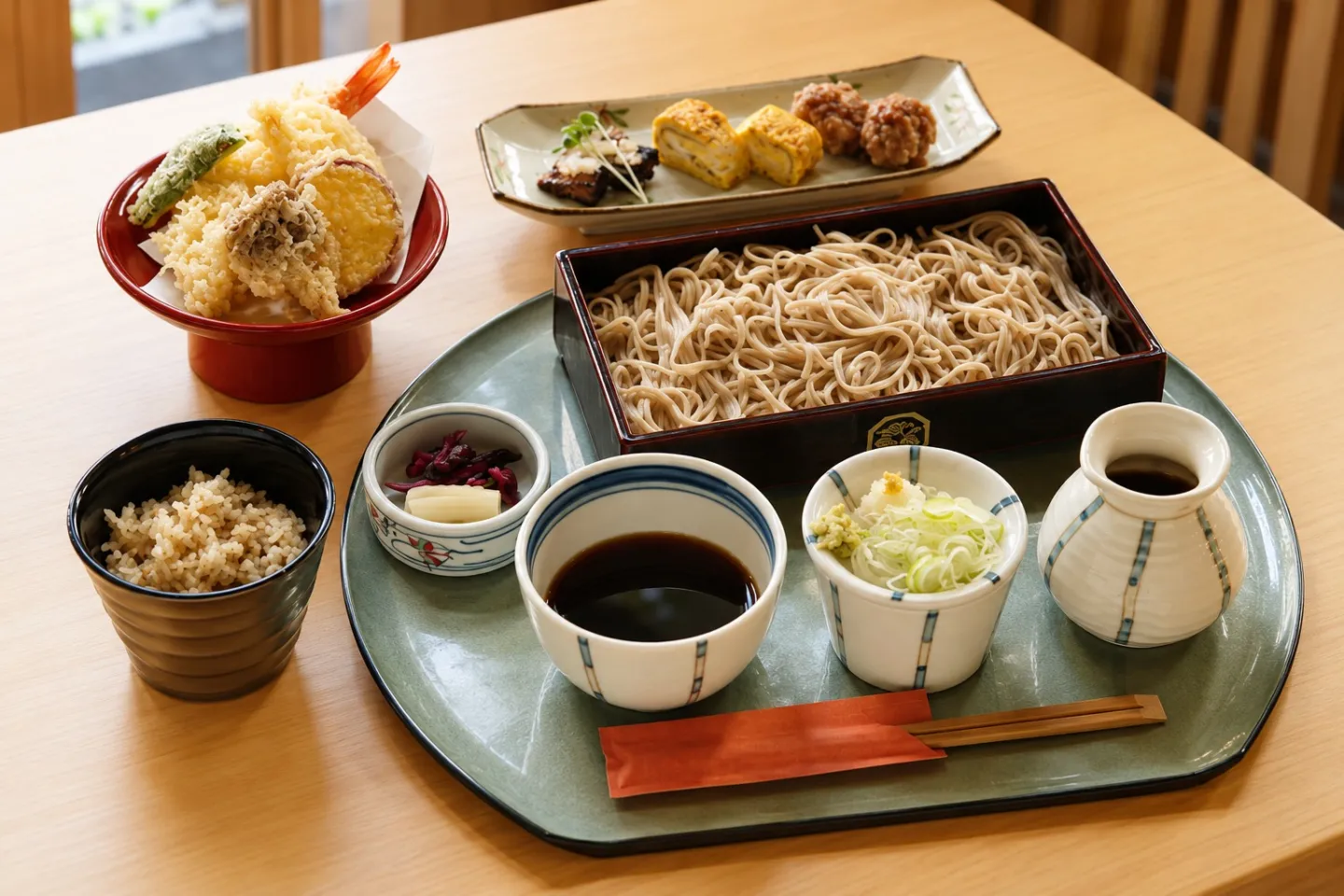 武蔵屋本店の天せいろそばとそば茶飯のセット