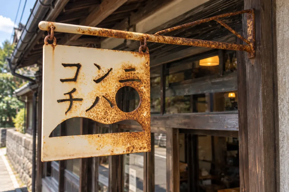 直島カフェ コンニチハの入口に掛かる看板