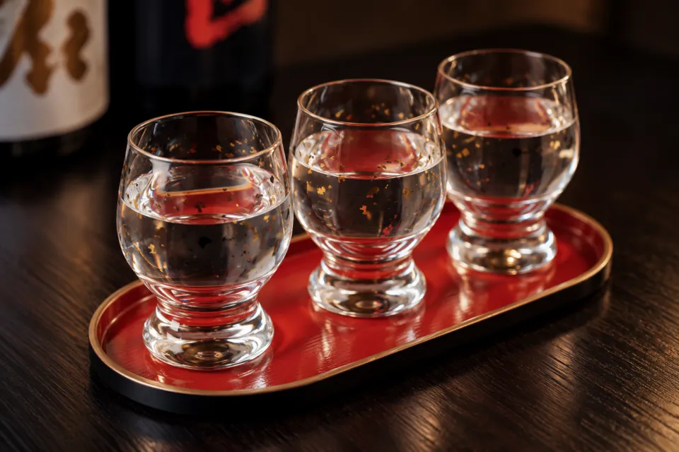 日本料理 鳥吉の三つのグラスに注がれた日本酒