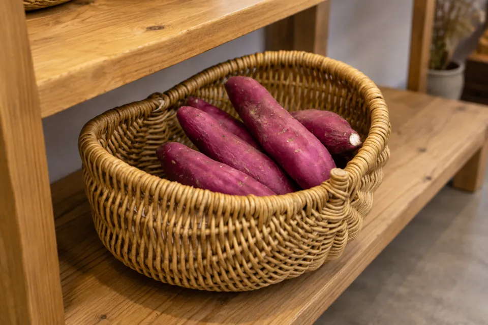 のうき屋米米のかごに入れたさつまいも