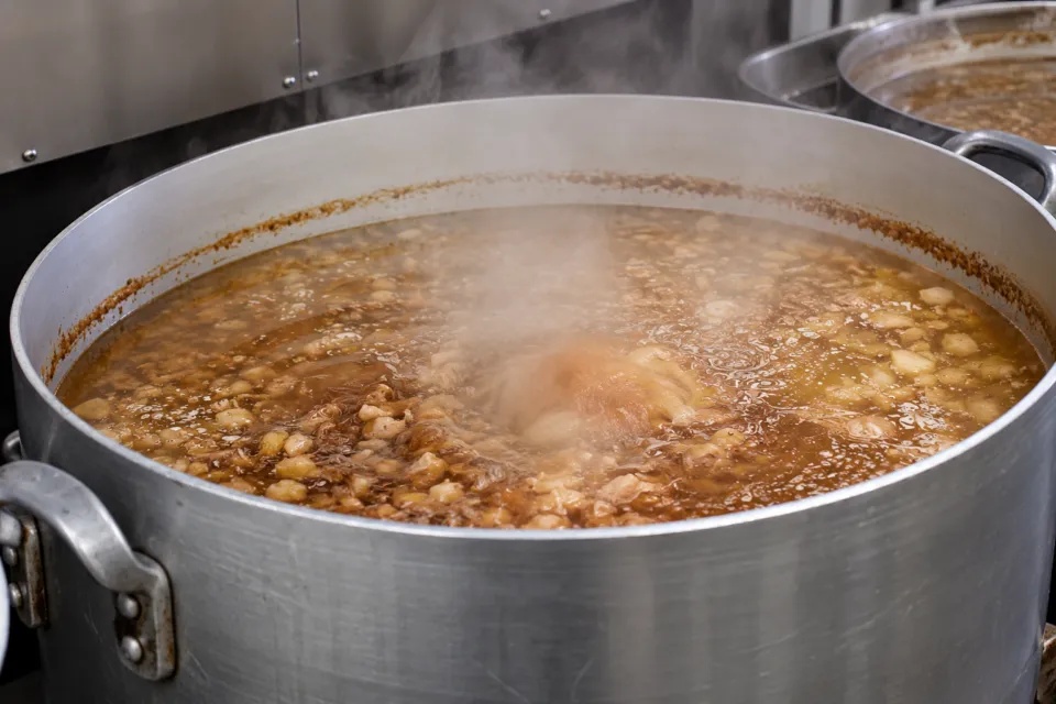 尾道ラーメン たにの大きな鍋で煮込むスープ