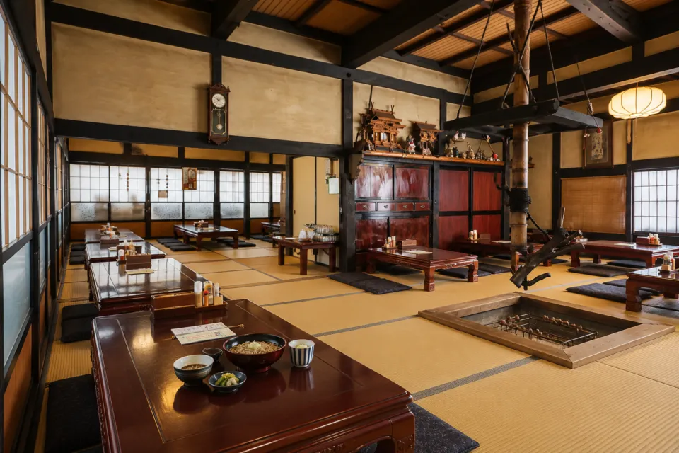大内宿 味処みなとやの座敷と食卓