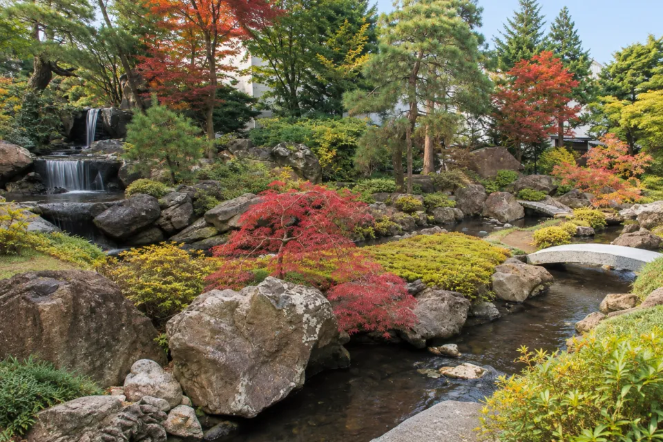 不二やホテルの紅葉と岩のある日本庭園