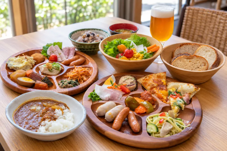 PaPaビアレストランの料理を盛り付けた木の仕切り皿とサラダ