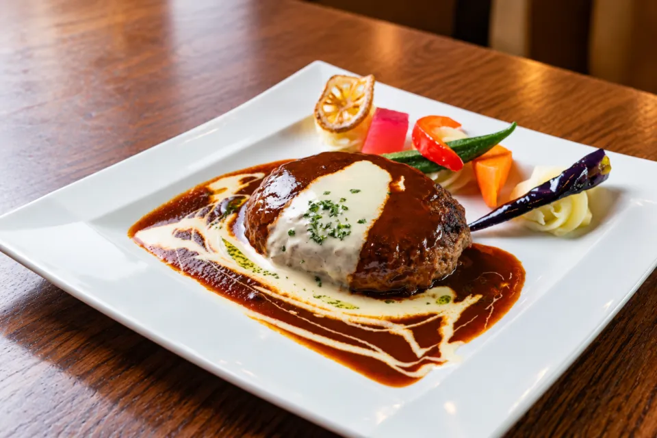 ペニーレイン レストランつくば店のソースを添えたハンバーグ