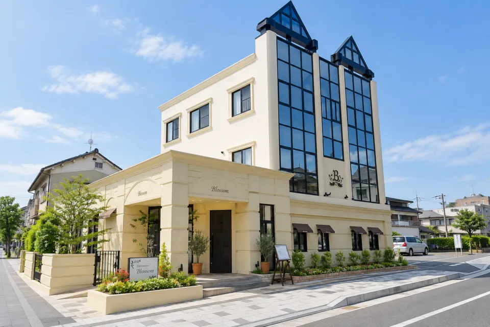 レストラン ブロッサムの白い店舗外観
