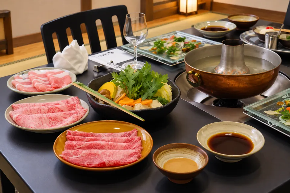 ろんぢん 松江本店のしゃぶしゃぶの鍋と肉・野菜を並べた食卓
