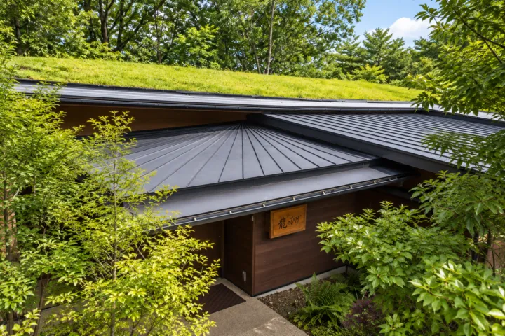 草屋根の宿 龍のひげ／別邸 ゆむたの草屋根の母屋と木の外壁