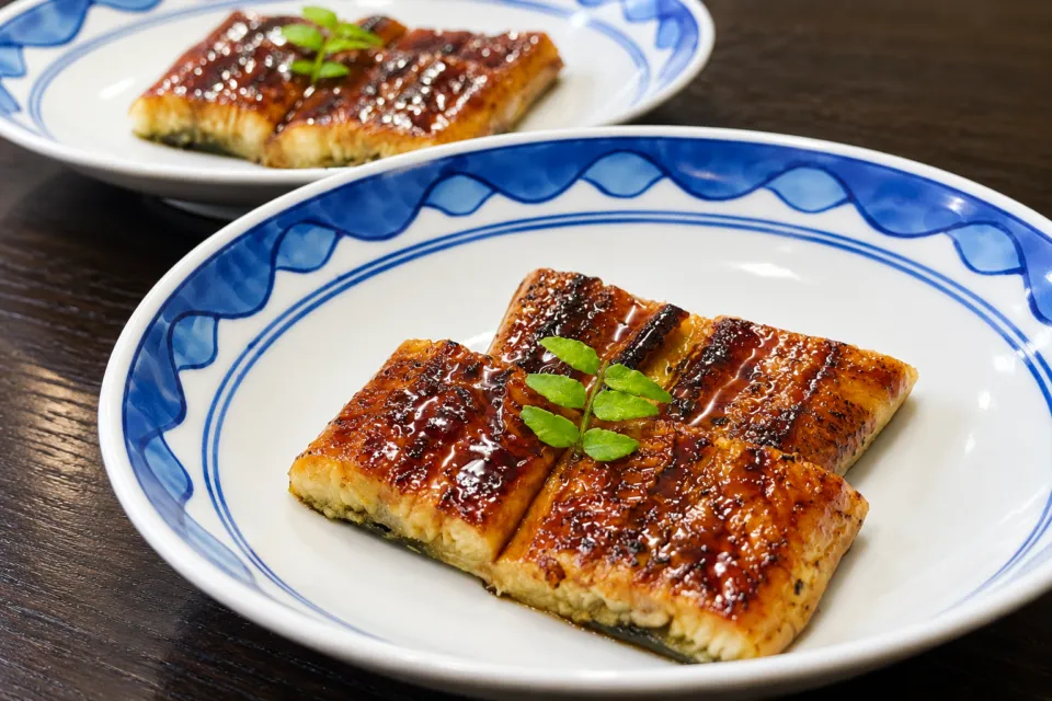 川魚料理 龍水亭の皿に盛られたうなぎの蒲焼き