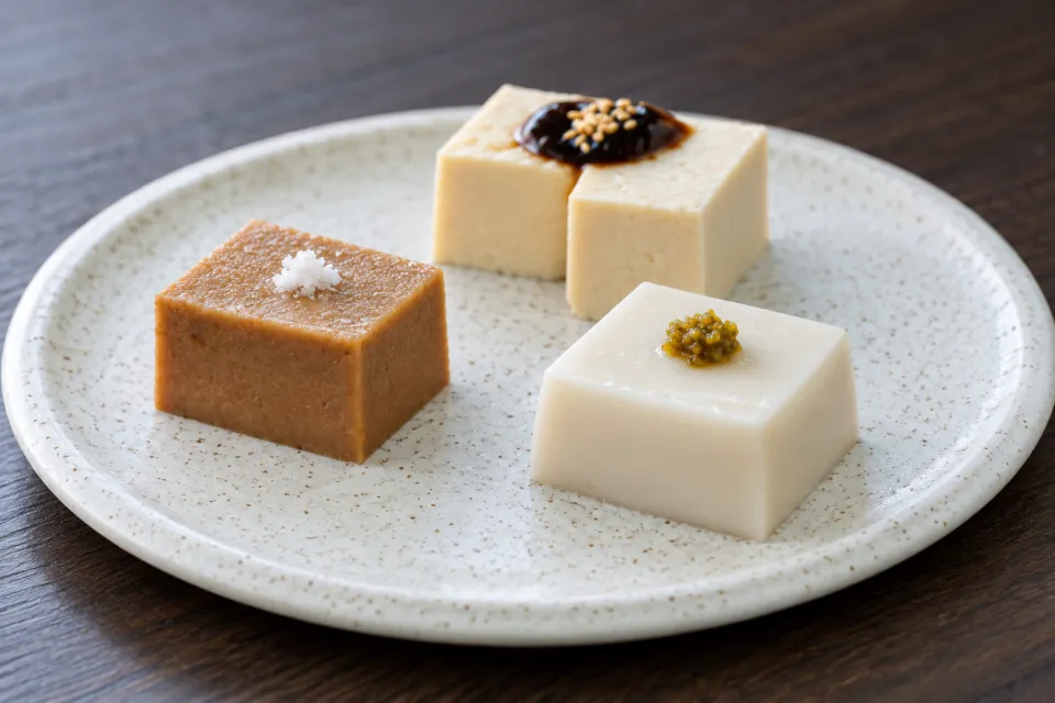 佐嘉平川屋 武雄温泉本店の皿に盛られた三種類の豆腐