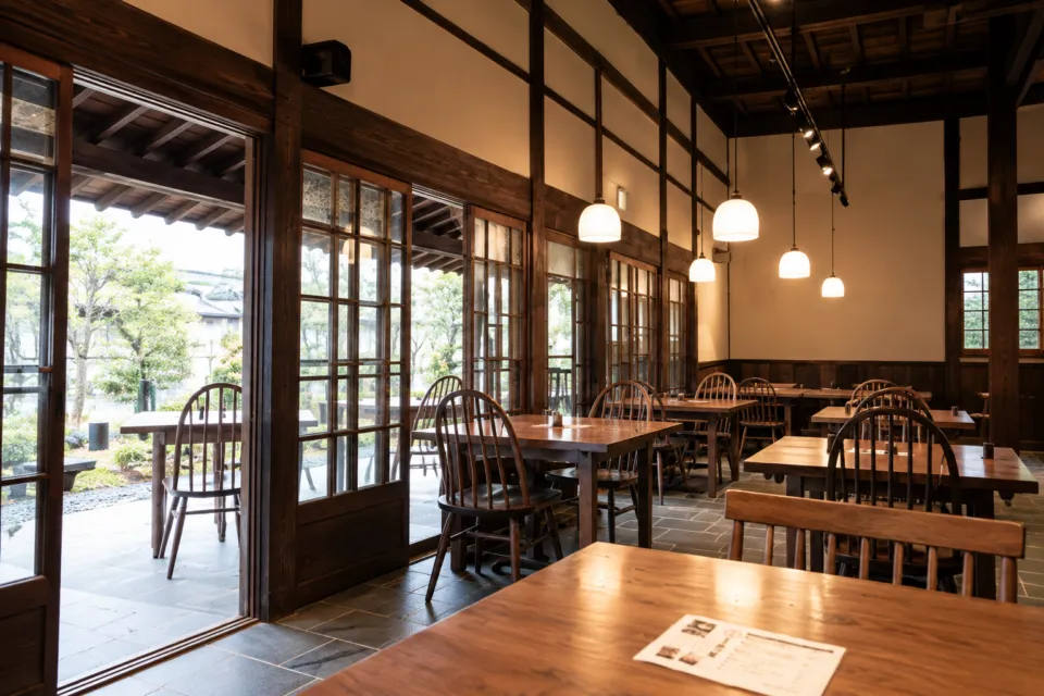 佐嘉平川屋 嬉野店の古材と吊り照明のあるテーブル席