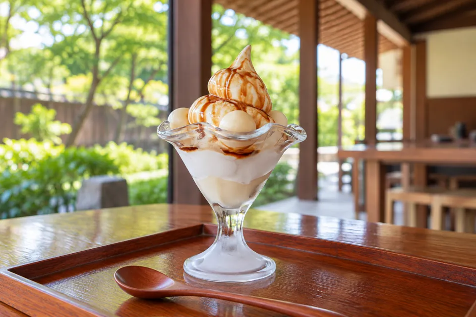佐嘉平川屋 嬉野店の豆乳ソフトと白玉の平川屋パフェ
