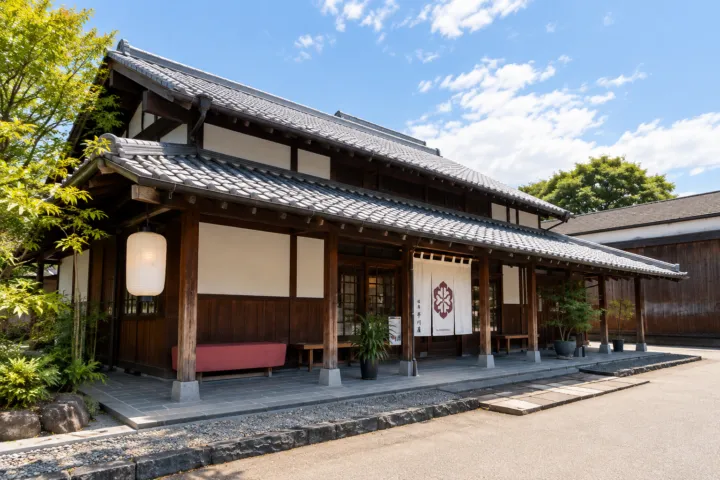 佐嘉平川屋 嬉野店の瓦屋根と白壁の正面外観