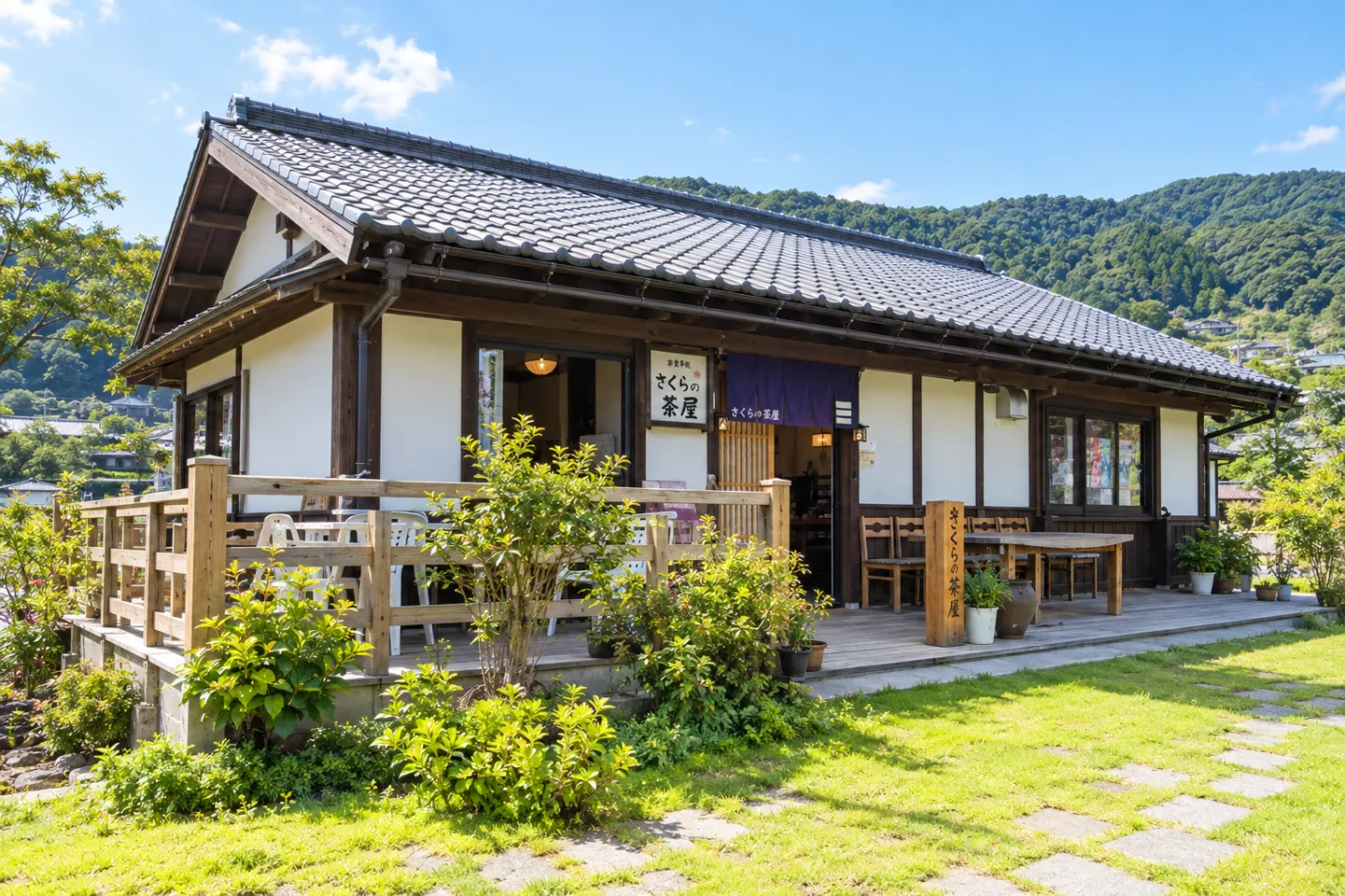さくらの茶屋の芝生に面した店舗外観