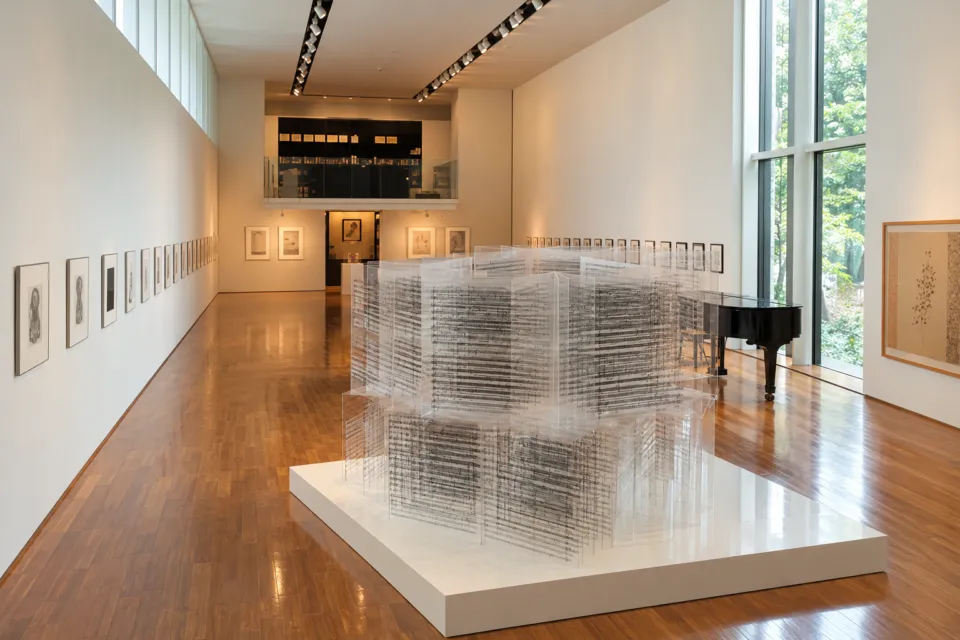 山荘 無量塔の大きな窓と作品が並ぶアルテジオの展示室