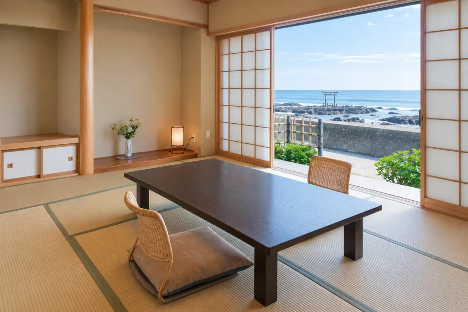 里海邸 金波楼本邸の庭と海を望む個室の食事席