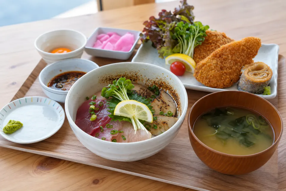 シーフードコート白渚の三色丼と旬のフライ