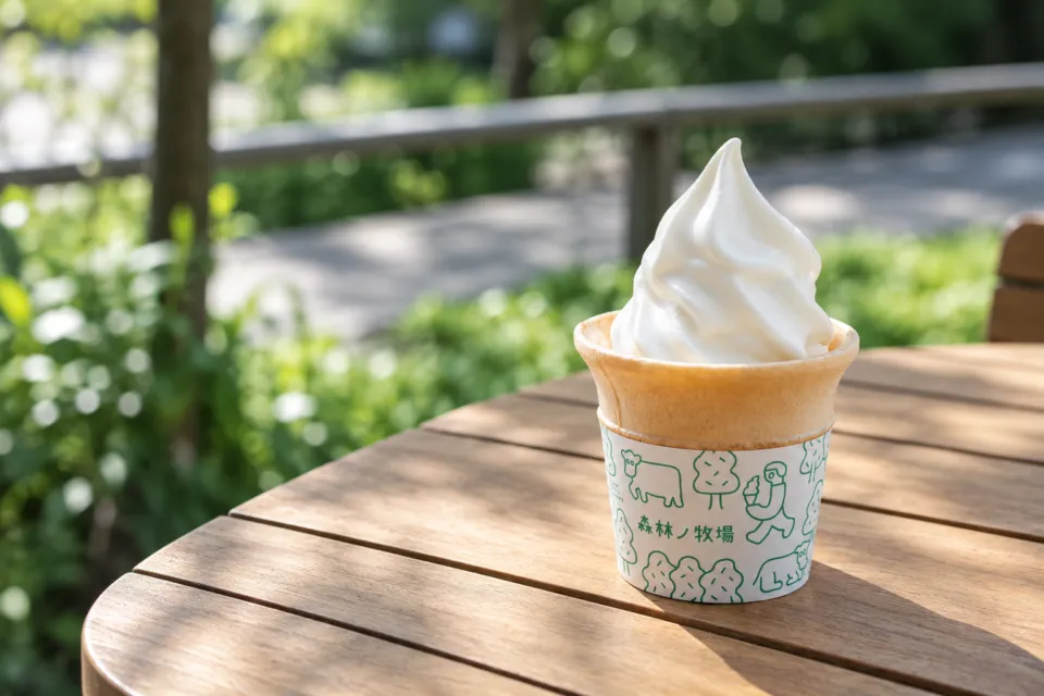 森林ノ牧場 Cafeの木製テーブルに置いたソフトクリーム