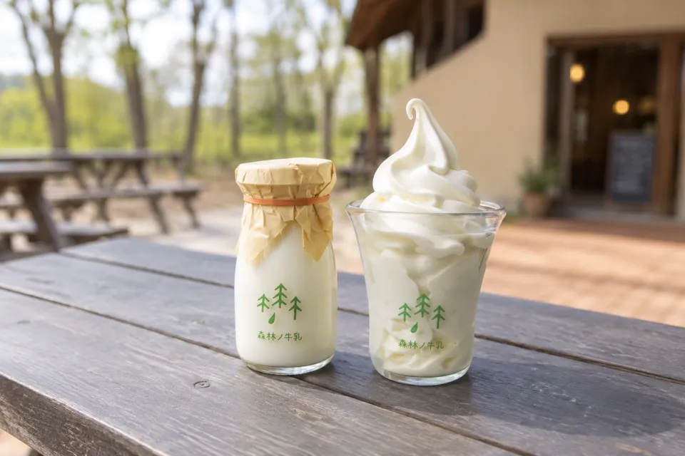 森林ノ牧場 Cafeの牛乳瓶とガラスカップのソフトクリーム